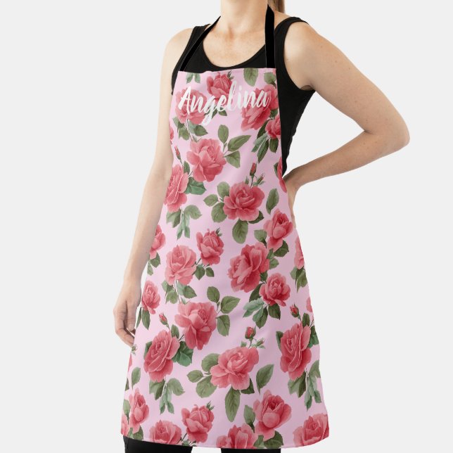 Romantic Pink Roses Botanical Pattern Custom Apron (Insitu)
