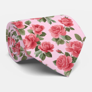 Romantic Pink Roses Botanical Pattern Neck Tie