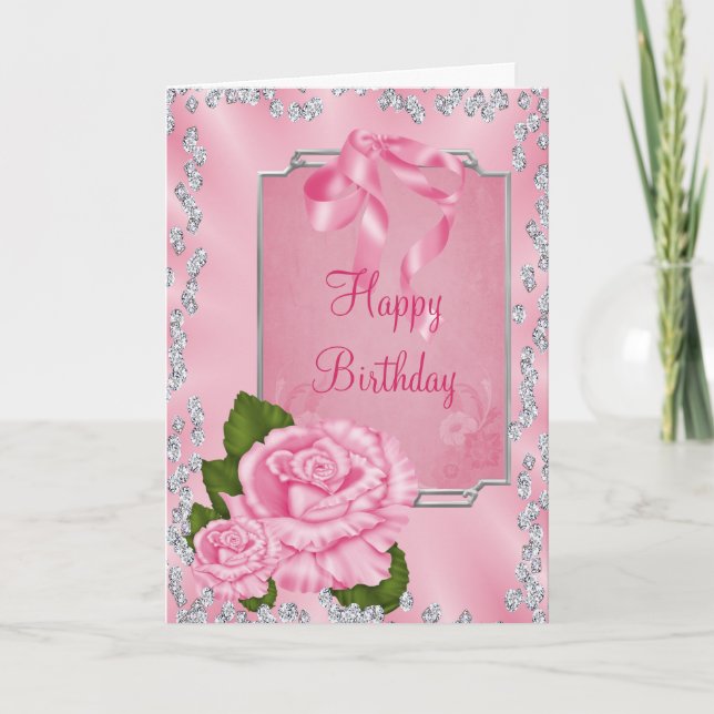Romantic Pink Roses & Bow Birthday Card (Front)