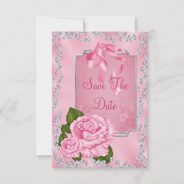 Romantic Pink Roses & Bows 50th Save The Date (Front)