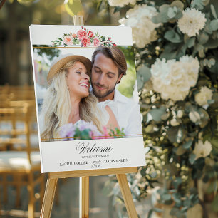 Romantic Pink Roses & Calligraphy Photo Welcome Poster
