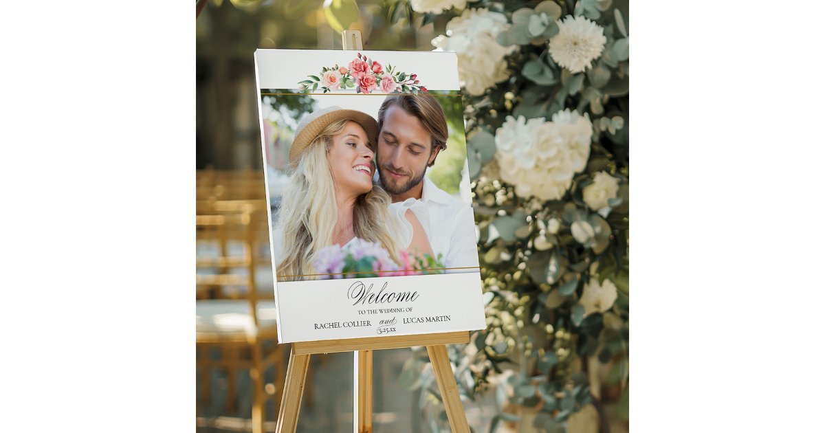 Romantic Pink Roses & Calligraphy Photo Welcome Poster | Zazzle