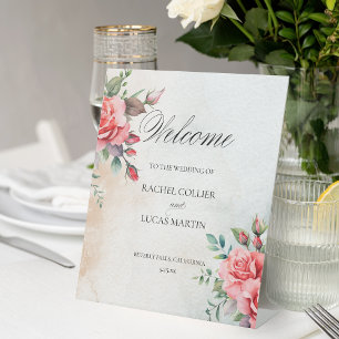 Romantic Pink Roses & Calligraphy Welcome Pedestal Sign