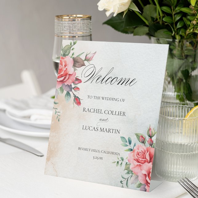 Romantic Pink Roses & Calligraphy Welcome Pedestal Sign (Creator Uploaded)