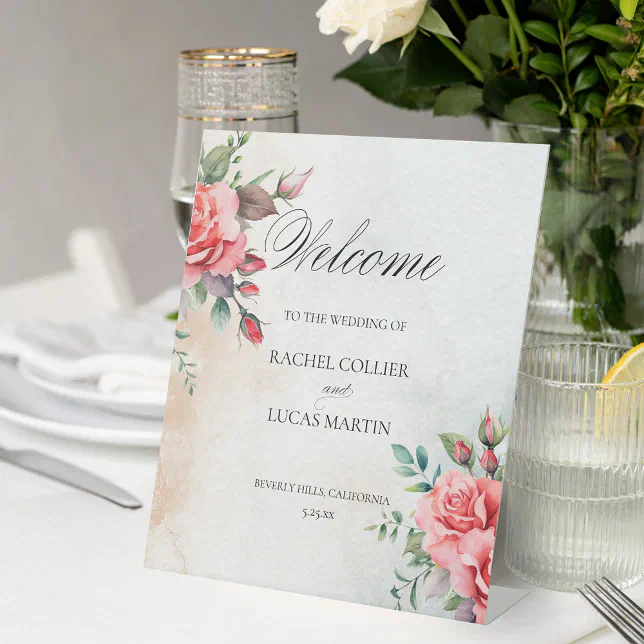 Romantic Pink Roses & Calligraphy Welcome Pedestal Sign | Zazzle