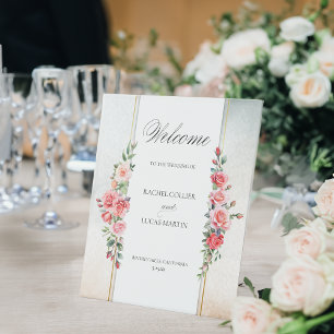 Romantic Pink Roses & Calligraphy Welcome Pedestal Sign