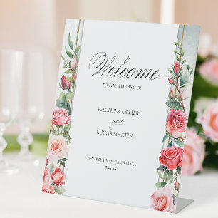 Romantic Pink Roses & Calligraphy Welcome Pedestal Sign