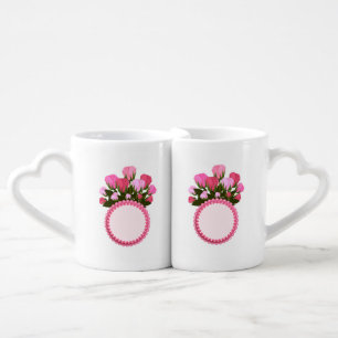 Romantic Pink Roses Couple Mug Set - Heart-Shaped