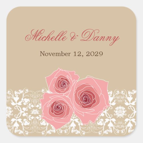 Romantic Pink Roses Damask Lace Vintage Wedding Square Sticker