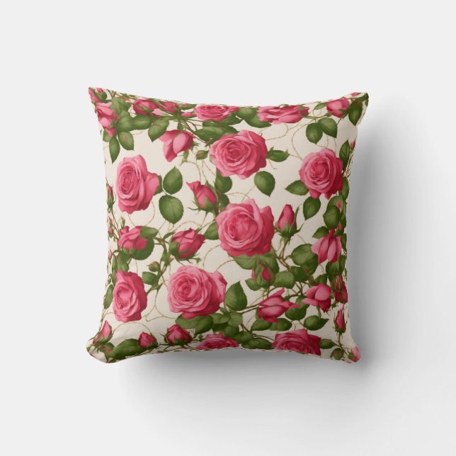 Romantic Pink Roses Floral Art Design Throw Pillow (Front)