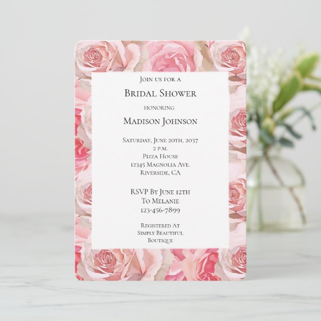Romantic Pink Roses Floral Bridal Shower Invitation (Standing Front)