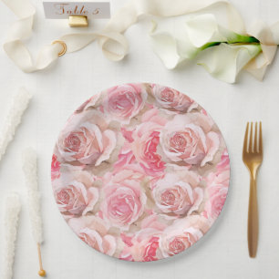 Romantic Pink Roses Floral Bridal Shower Paper Plates