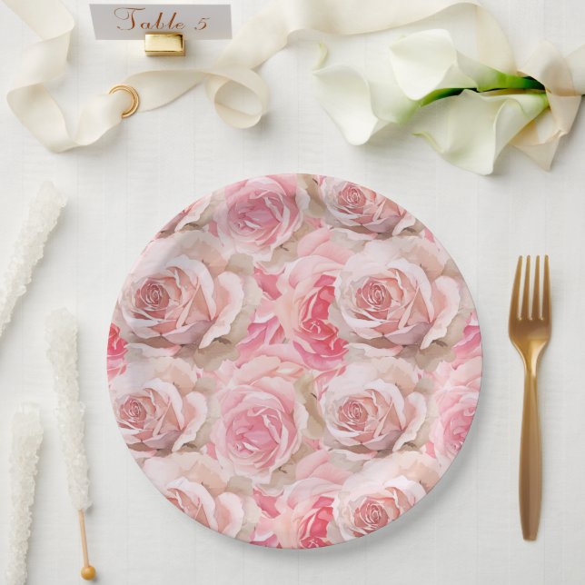 Romantic Pink Roses Floral Bridal Shower Paper Plates (Wedding)
