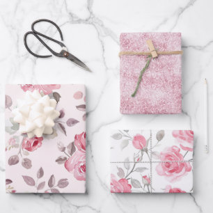 Romantic Pink Roses Floral Bridal Shower Wrapping Paper Sheets