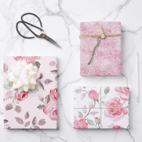 Romantic Pink Roses Floral Bridal Shower Wrapping Paper Sheets