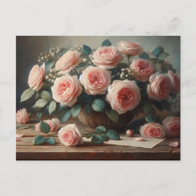 Romantic Pink Roses Floral Oil Painting Postcard (Front)