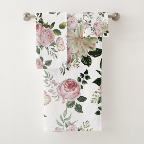Romantic pink roses floral pattern cottage shabby  bath towel set
