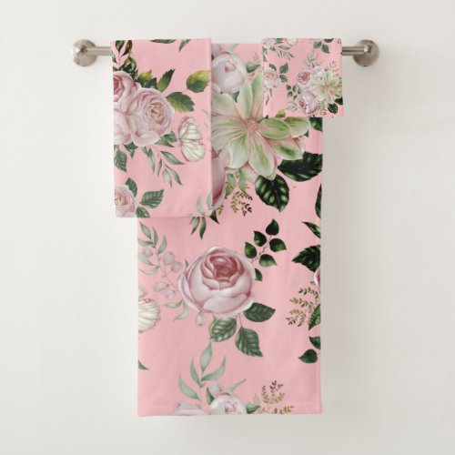 Romantic pink roses floral pattern cottage shabby  bath towel set
