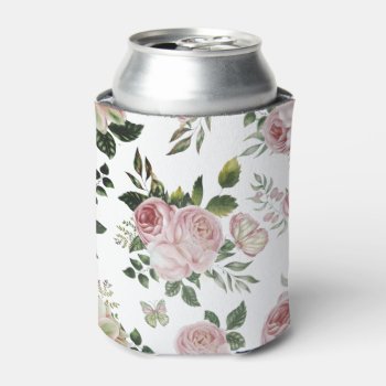 Romantic Pink Roses Floral Pattern Cottage Shabby  Can Cooler by 17Minutes at Zazzle