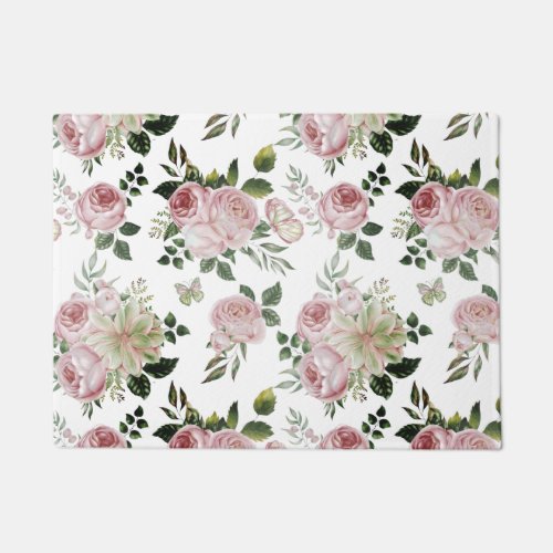 Romantic pink roses floral pattern cottage shabby  doormat