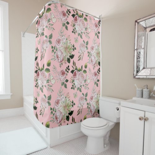 Romantic pink roses floral pattern cottage shabby shower curtain