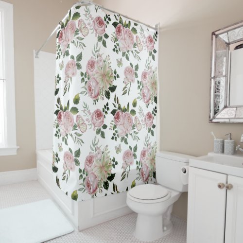 Romantic pink roses floral pattern cottage shabby  shower curtain