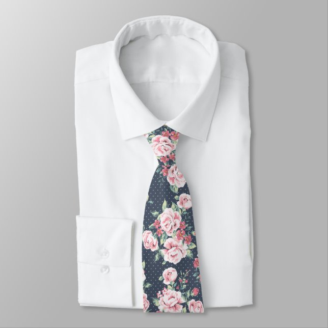Romantic Pink Roses Floral Pattern Neck Tie (Tied)