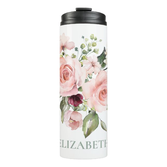 Romantic Pink Roses Floral Personalized Thermal Tumbler (Front)
