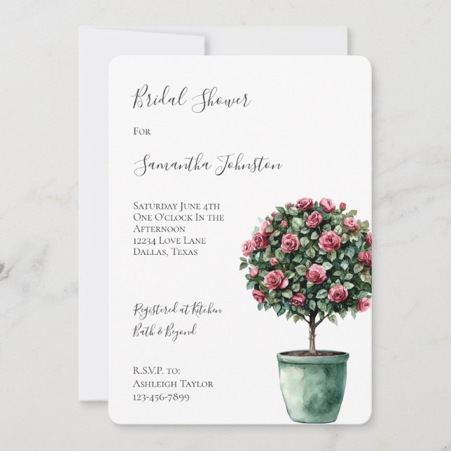 Romantic Pink Roses Floral Tree Bridal Shower Invitation (Front)