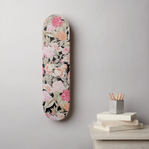 Romantic Pink roses floral Vintage Black Design Skateboard