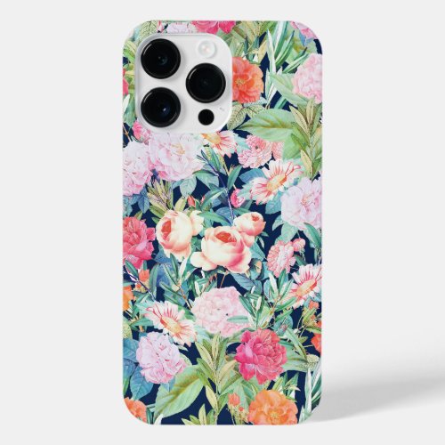 Romantic Pink roses floral Vintage Blue Design iPhone 14 Pro Max Case
