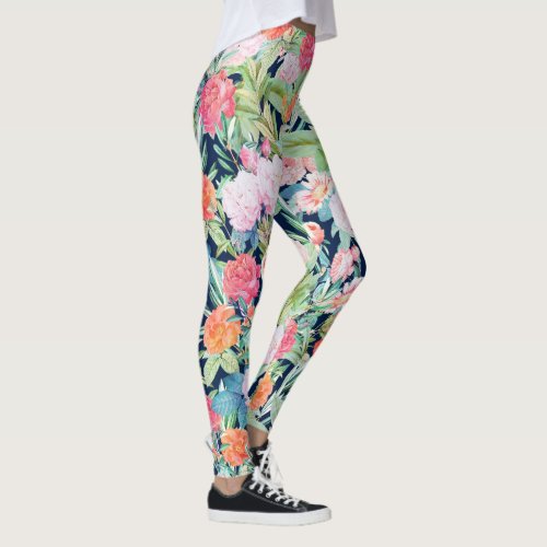 Romantic Pink roses floral Vintage Blue Design Leggings