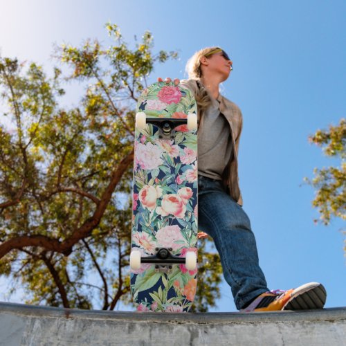 Romantic Pink roses floral Vintage Blue Design Skateboard