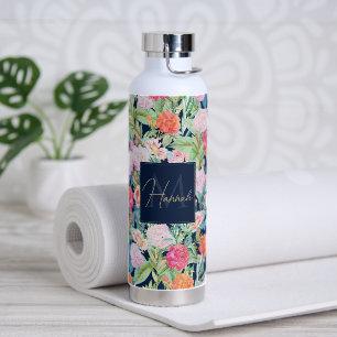 Romantic Pink roses floral Vintage Blue Design Water Bottle