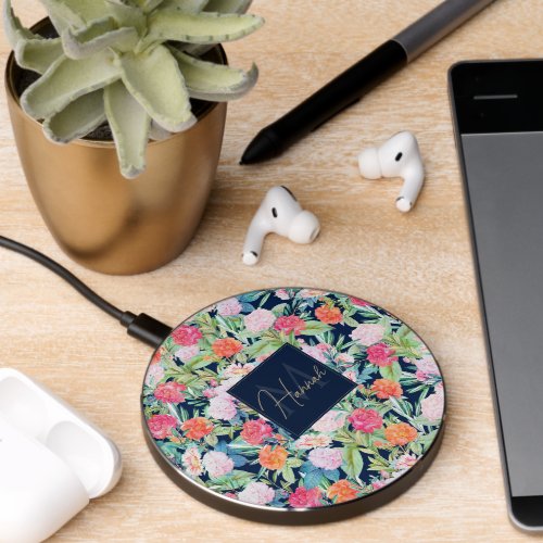 Romantic Pink roses floral Vintage Blue Design Wireless Charger