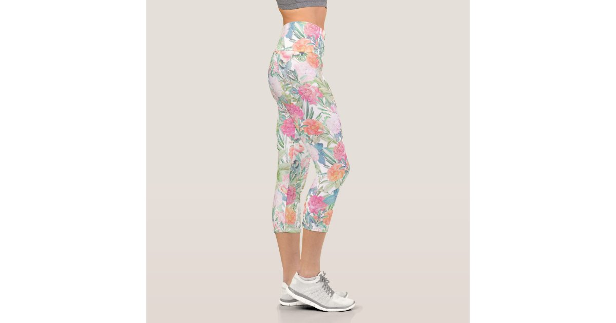 Romantic Pink roses floral Vintage Design Capri Leggings Zazzle