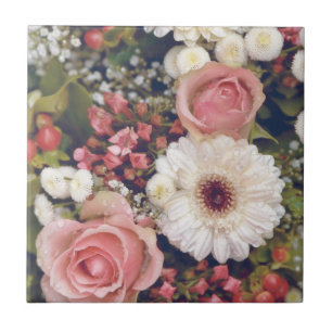 Romantic Pink Roses Flower Bouquet Ceramic Tile