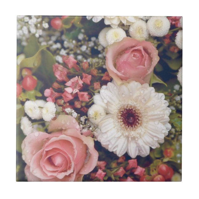 Romantic Pink Roses Flower Bouquet Ceramic Tile (Front)