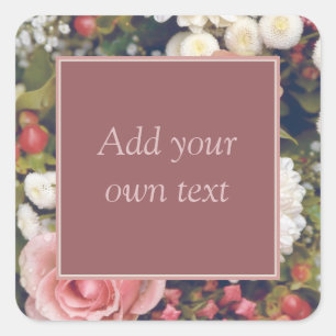 Romantic Pink Roses Flower Bouquet Custom Text Square Sticker