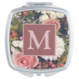 Romantic Pink Roses Flower Bouquet Monogram Compact Mirror