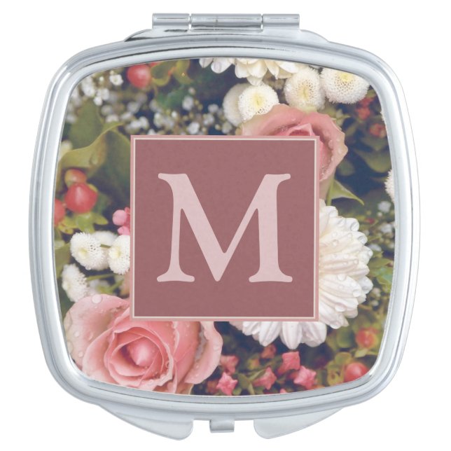 Romantic Pink Roses Flower Bouquet Monogram Compact Mirror (Front)
