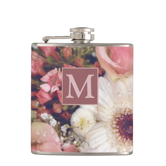 Romantic Pink Roses Flower Bouquet Monogram Flask (Front)