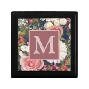Romantic Pink Roses Flower Bouquet Monogram Gift Box
