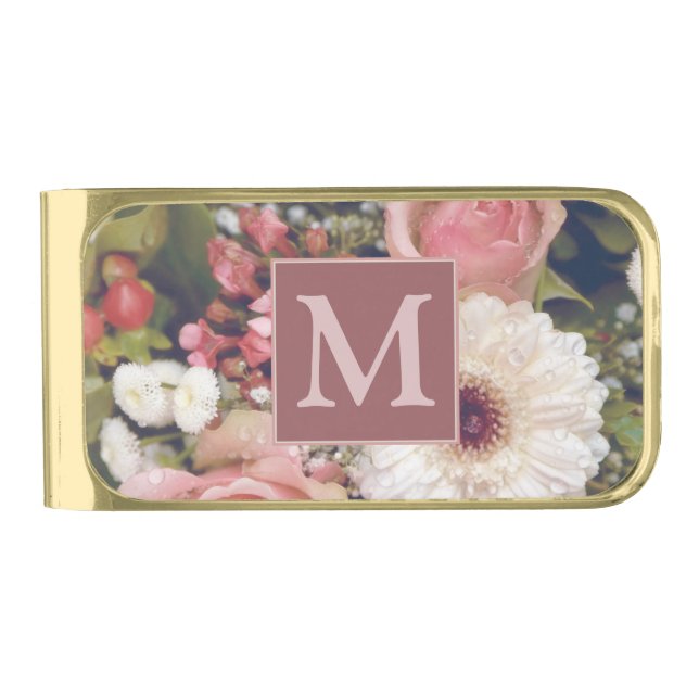 Romantic Pink Roses Flower Bouquet Monogram Gold Finish Money Clip (Front)