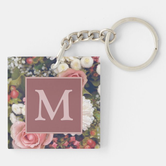 Romantic Pink Roses Flower Bouquet Monogram Keychain (Back)
