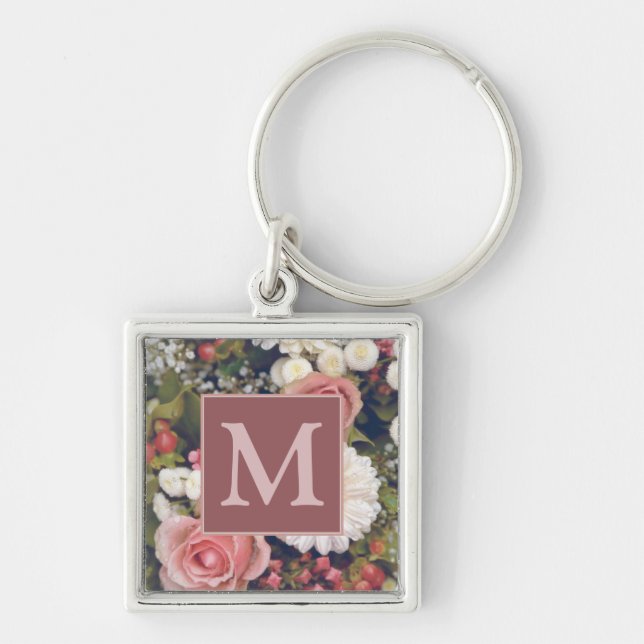 Romantic Pink Roses Flower Bouquet Monogram Keychain (Front)
