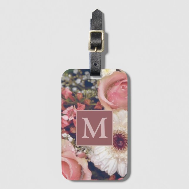 Romantic Pink Roses Flower Bouquet Monogram Luggage Tag (Front Vertical)
