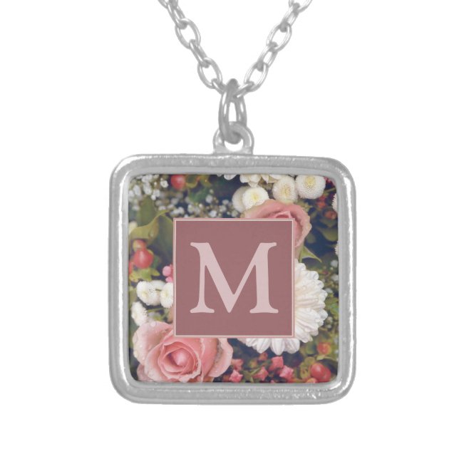 Romantic Pink Roses Flower Bouquet Monogram Silver Plated Necklace (Front)