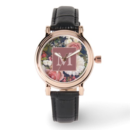 Romantic Pink Roses Flower Bouquet Monogram Watch