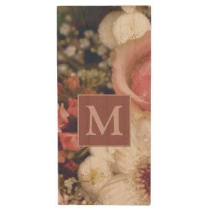 Romantic Pink Roses Flower Bouquet Monogram Wood Flash Drive